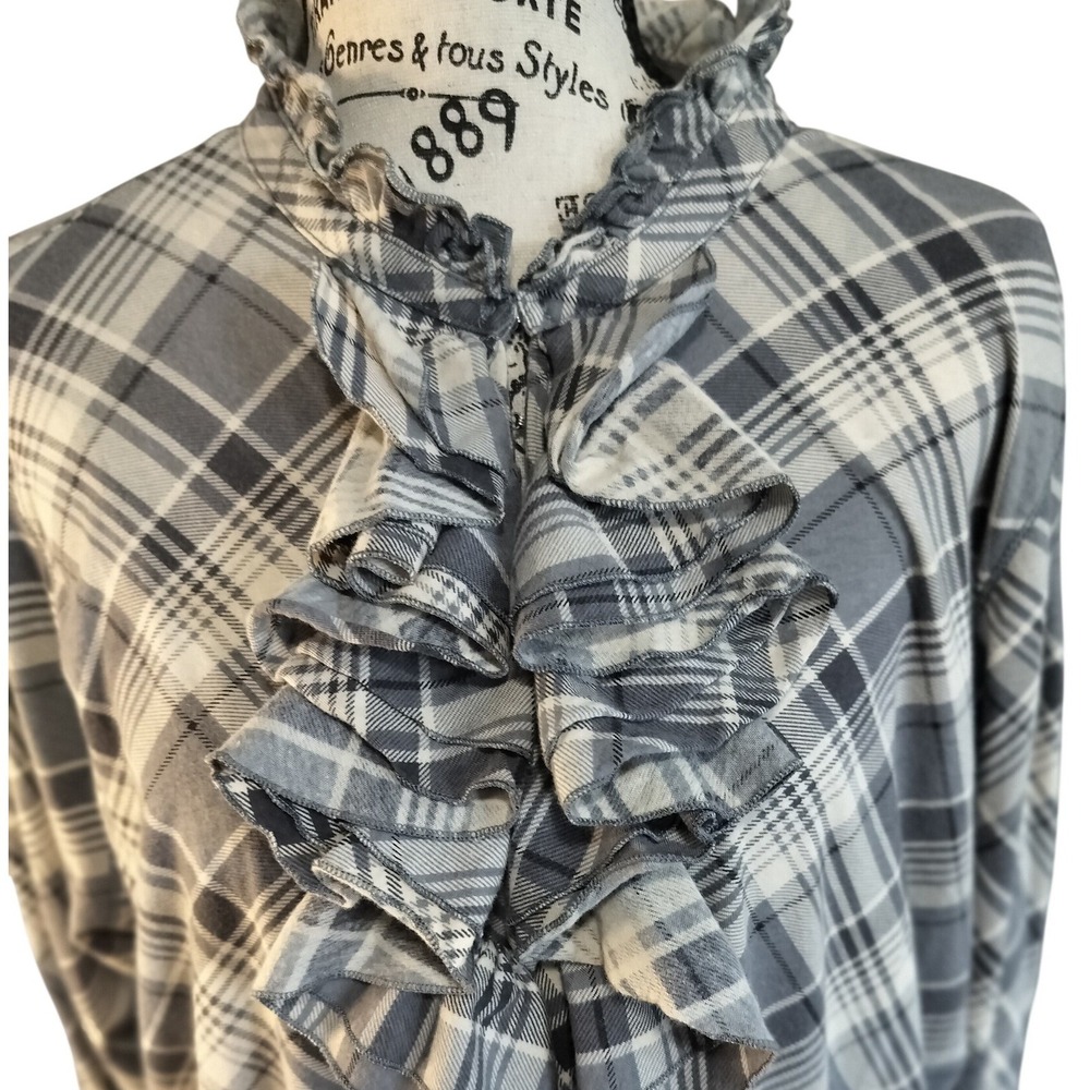 Lauren Ralph Lauren 2X Grey Plaid Ruffle ‎ Long Sleeve Cotton Blouse